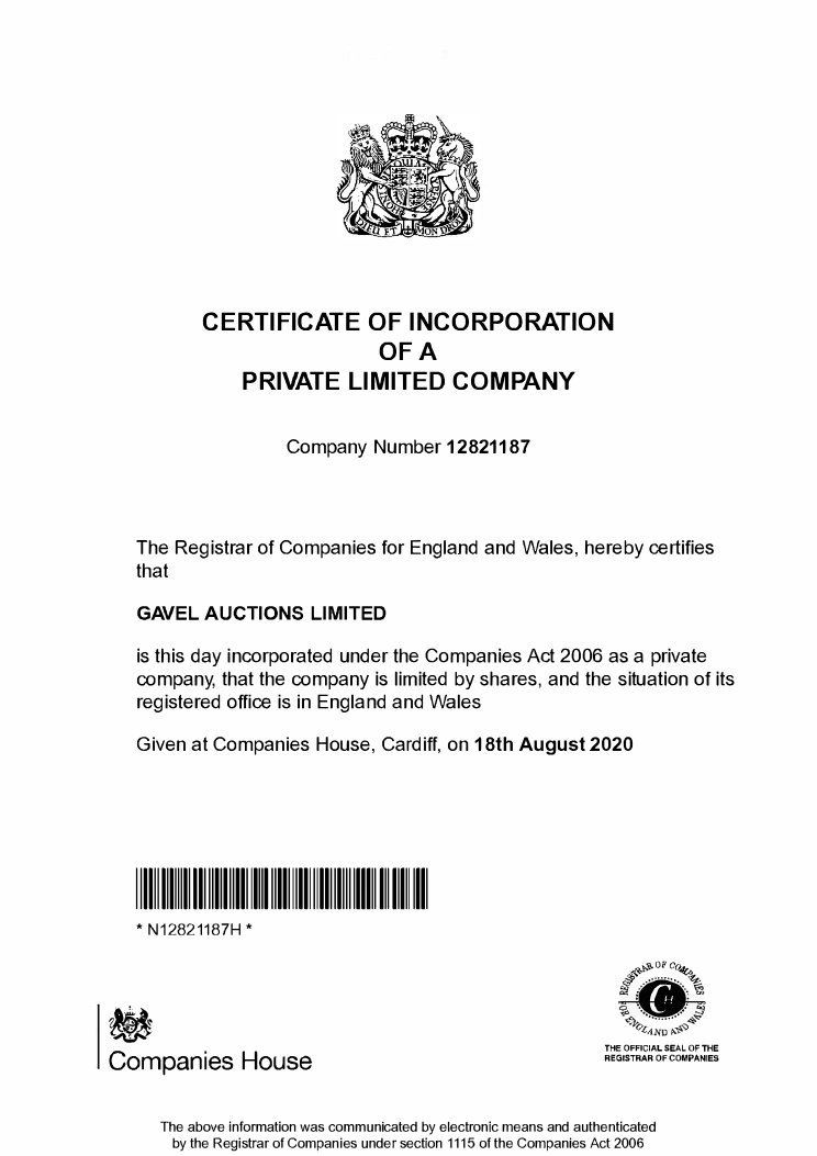 Certificate of incorporation for GAVEL AUCTIONS LIMITED, a private limited company
