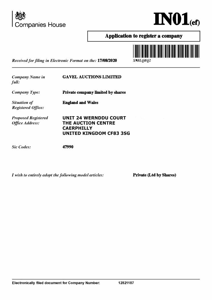 Company registration document for GAVEL AUCTIONS LIMITED